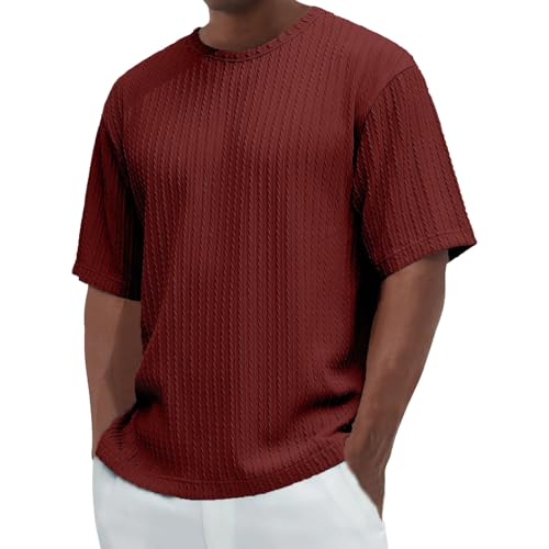 Kurzarm-T-Shirt für Herren, Waffelmuster, bequemer Rundhalsausschnitt, lockere Passform, leicht, einfarbig, Sport-T-Shirt, RD2, 3XL von Generisch