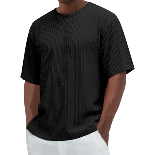 Kurzarm-T-Shirt für Herren, Waffelmuster, bequemer Rundhalsausschnitt, lockere Passform, leicht, einfarbig, Sport-T-Shirt, Schwarz , 5XL von Generisch