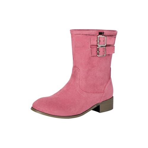 Kurze Cowboystiefel für Damen, einfarbig, Übergröße, Stiefeletten für Damen, niedriger Absatz, Wildleder, modisch, spitzer Zehenbereich, Westernstiefel mit Metallschnalle, weich, bequem, warm von Generisch