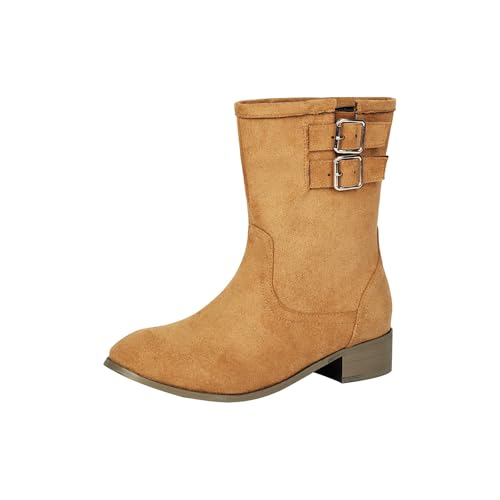 Kurze Cowboystiefel für Damen, einfarbig, Übergröße, Stiefeletten für Damen, niedriger Absatz, Wildleder, modisch, spitzer Zehenbereich, Westernstiefel mit Metallschnalle, weich, bequem, warm von Generisch