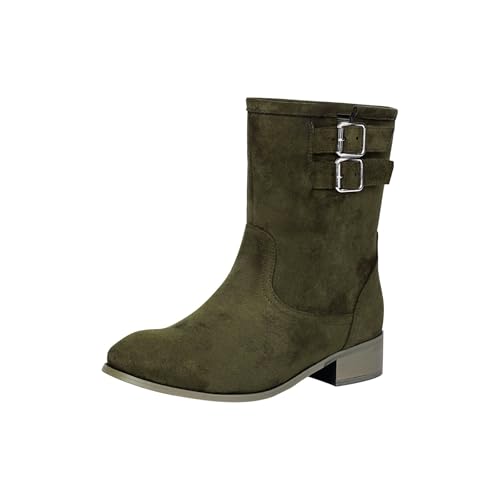 Kurze Cowboystiefel für Damen, einfarbig, Übergröße, Stiefeletten für Damen, niedriger Absatz, Wildleder, modisch, spitzer Zehenbereich, Westernstiefel mit Metallschnalle, weich, bequem, warm von Generisch