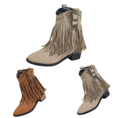 Kurze Damen-Stiefeletten mit modischer Quaste, zum Überziehen, einfarbig, niedriger klobiger Absatz, runder Zehenbereich, flache Unterseite, lässig, Wildleder, Komfort, leicht, rutschfest von Generisch