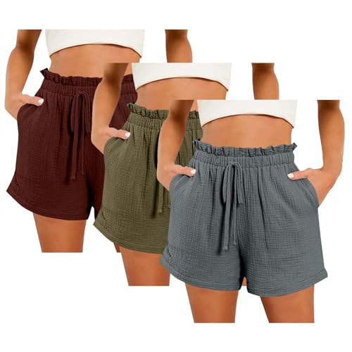 Kurze Hose 3er-Pack Damen Sommer Leinen Musselin Shorts Beach Shorts Sport Laufhose Mode Lässige Musselin Short mit Taschen Kordelzug Stretch Weite Stoffhose Freizeit Sportshorts Kurze Hose 3er-Pack Damen Sommer Leinen Musselin Shorts Beach Shorts Sport Laufhose Mode Lässige Musselin Short mit Taschen Kordelzug Stretch Weite Stoffhose Freizeit Sportshorts von Generisch
