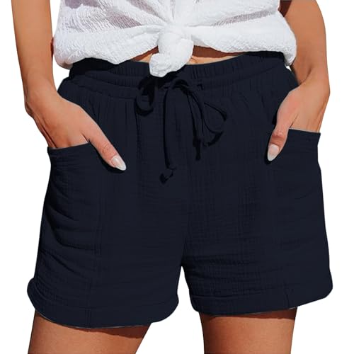 Kurze Hose Damen Musselin Shorts Beach mit Taschen Sommerhose Leicht Stoffhose Kleid Stoffhose Freizeit Stretch Gerades Bein Shorts Kurze Leggings Damen mit Tasche Für Drinnen Und Draußen Geeignet von Generisch