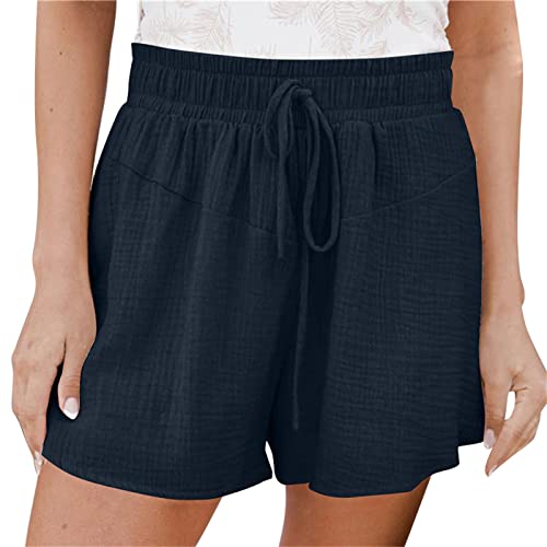 Kurze Hose Damen Shorts Sommer Mode Lässige Musselin Hose mit hoher Taille Gerades Bein Sport Lässige Lockere Shorts mit Kordelzug mit Taschen Gummiband Freizeit Shorts Elastische Stoffhose von Generisch