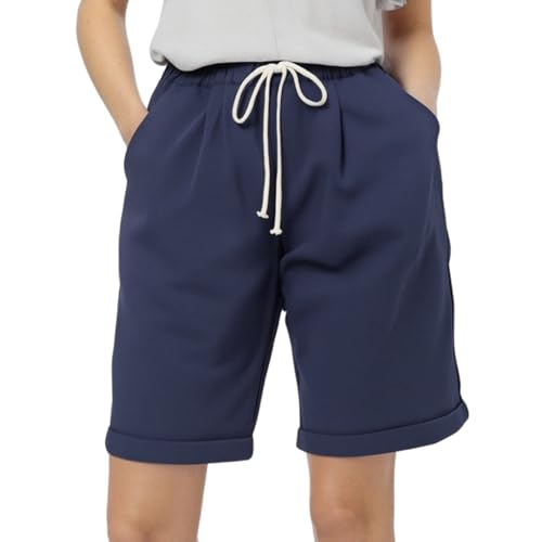 Kurze Hose Damen Sommer Casual Bermuda Shorts Hohe Taille Sweatshorts Mit Kordelzug Baumwolle Loose Laufshorts (DE/NL/SE/PL, Alphanumerisch, XXL, Regular, Regular, Dunkelblau) von Generisch