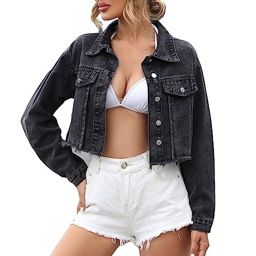 Kurze Jeansjacke Damen - Jeansweste Damen Große Größen Langarm Denim Jacke Mit Knöpfen Denim Weste Locker Freizeitjacke Streetwear Übergangsjacke Vintage Sweatjacke Military-Style Strickmantel von Generisch
