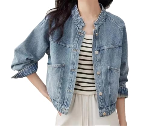 Kurze gewaschene Jeansjacke für Damen, einfarbig, Stehkragen, lange Ärmel, Jeansmantel, blau, L von Generisch