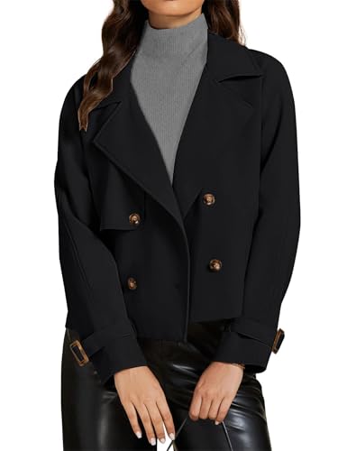 Kurzer Damen-Trenchcoat, Revers, zweireihig, kurze Jacke, langärmelig, gekerbtes Revers, lockere Passform, Jacken mit Taschen, Schwarz , M von Generisch