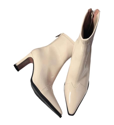 Kurzer Damenstiefel mit Reißverschluss, spitzer Zehenbereich, hoher Absatz, Stiefeletten, Party, Abschlussball, Winterschuhe, beige, 40.5 EU von Generisch