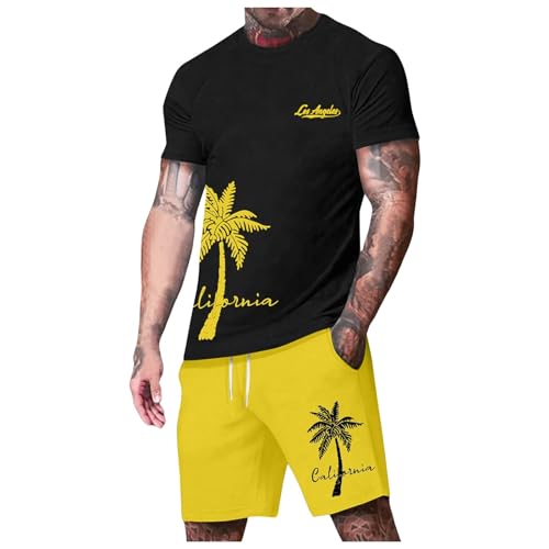 Kurzer Schlafanzug Herren Pyjama Kurz Sommer Baumwolle Nachthemd Für Männer Zweiteiler Nachtwäsche T Shirt Und Schlafanzughose Set Shorty Hausanzug Sleepwear Gelb L von Generisch