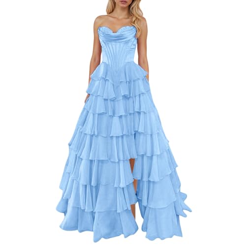 Kurzes Schwarzes Kleid Trägerloses Korsettkleid für Damen lang A Linie Ganzkleid aus Chiffon gestuftes Abendkleid mit Schlitz Damen Hoodie Kleid Mit (Light Blue XXL) von Generisch