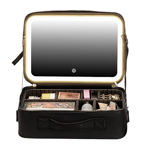 LED-Spiegel-Make-up-Tasche, tragbarer Kosmetik-Organizer mit verstellbarem Licht und USB-Ladefunktion für Frauen, PU-Leder von Generisch
