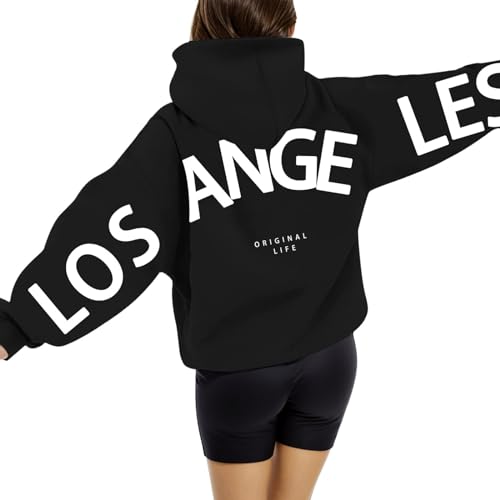 LOS Angeles Pullover Damen Briefe Aufdruck Hoodie Oversize Backprint Kapuzenpullover Casual übergroße Sweatjacke mit Taschen Kapuze Winter Warm Kapuzenpulli Elegante Streetwear von Generisch
