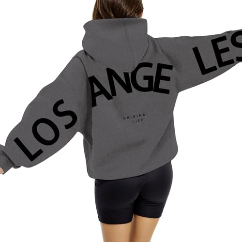 LOS Angeles Pullover Damen Briefe Aufdruck Hoodie Oversize Backprint Kapuzenpullover Casual übergroße Sweatjacke mit Taschen Kapuze Winter Warm Kapuzenpulli Elegante Streetwear von Generisch
