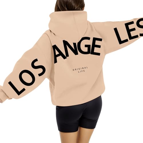 LOS Angeles Pullover Damen Briefe Aufdruck Hoodie Oversize Backprint Kapuzenpullover Casual übergroße Sweatjacke mit Taschen Kapuze Winter Warm Kapuzenpulli Elegante Streetwear von Generisch
