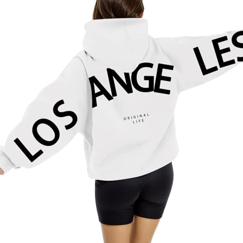 LOS Angeles Pullover Damen Briefe Aufdruck Hoodie Oversize Backprint Kapuzenpullover Casual übergroße Sweatjacke mit Taschen Kapuze Winter Warm Kapuzenpulli Elegante Streetwear von Generisch