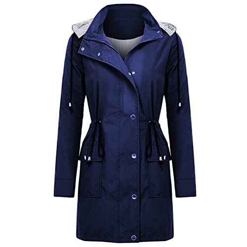 LäSsige Lange Hoodie-Jacken FüR Damen, LangäRmliger, Schlanker Mantel Mit GüRtel, Regenmantel Mit Taschen (XL,Navy Blau) von Generisch