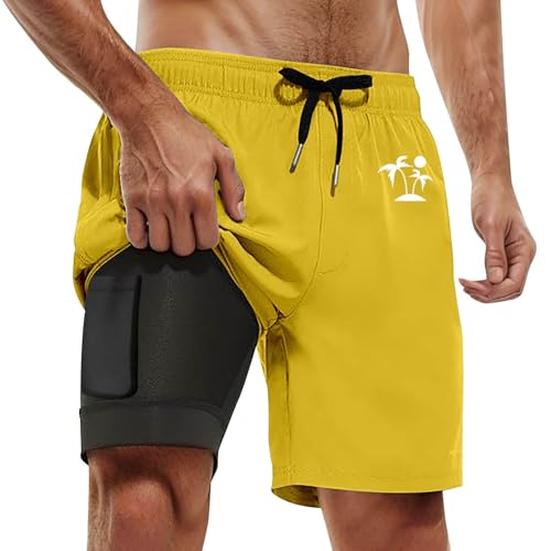 Lässig Badehose,Badehose für Herren Badeshorts mit Kompression 2 in 1 Swimming Shorts Schnelltrocknend Männer Kurz Strandhose Strandshorts Elastisch Verstellbar mit Innenhose Gelb XXL von Generisch