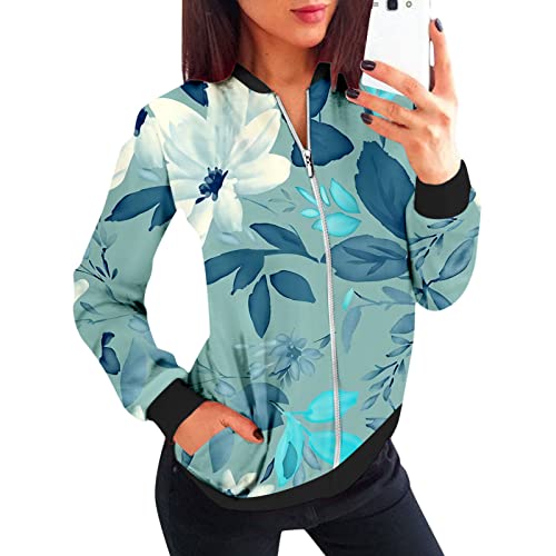 Lässige Alltagsjacken für Damen, leichte Freizeitjacke mit Reißverschluss, Blumendruck, Mantel, Stehkragen, kurze Sport-Outwear, Reißverschluss-Oberteile Winterjacke Damen Wasserdicht (Blue, XL) von Generisch