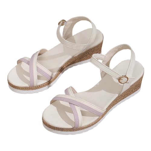 Lässige Damen-Sandalen mit seitlicher Hohl-Gürtelschnalle, schräger Boden, römische Schuhe, Sommermode, Damen-Sandalen, bequeme Damen-Sandalen, beige, 39.5 EU von Generisch