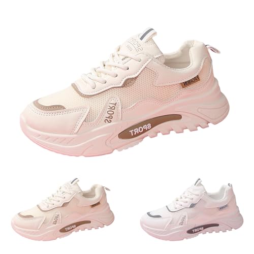 Lässige Damen-Schnürschuhe mit Fußgewölbeunterstützung, weich gepolsterte Innensohle, bequeme Sneaker, Netzstoff, atmungsaktiv, leicht, Sneaker, dicke Unterseite, Wanderschuhe, khaki, 36.5 EU von Generisch