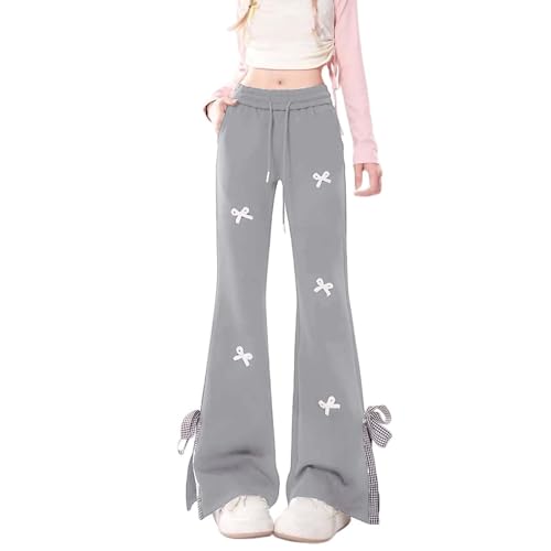 Lässige Hose mit hoher und Schleife und geteiltem Saum für Damen. Vielseitige Jogginghose mit geradem Bein für den Herbst Silber Hose Damen (Grey, M) von Generisch