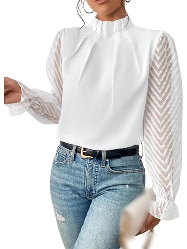Lässige Langarm-Shirts für Damen, Rüschen, Stehkragen, Laternenärmel, gesmokte Tops, Herbstblusen für Frauen 2024, weiß, XXL von Generisch