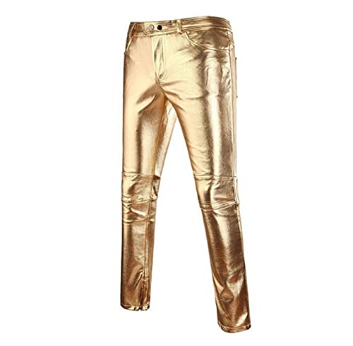 Lässige Lederhose für Herren Herren Metallic Shiny Stretchy Pants Kunstleder Motorrad Jeans Style Hose (XL,Golden) von Generisch