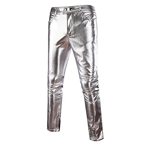 Lässige Lederhose für Herren Herren Metallic Shiny Stretchy Pants Kunstleder Motorrad Jeans Style Hose (XL,Silber) von Generisch