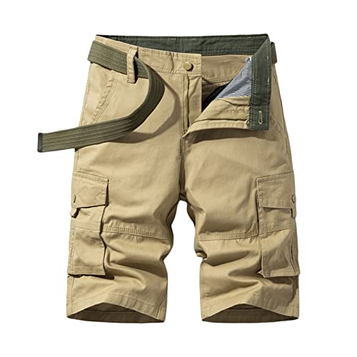 Lässige Leichte Cargo Shorts für Herren Relaxed Fit Baumwoll Shorts mit Mehreren Taschen Solide Kurze Sommerhose im Freien ohne Gürtel (Khaki,38) von Generisch