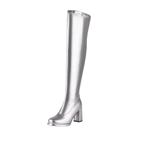 Lässige Overknee-Stiefel für Damen, Winter, elegant, klobiger Absatz, Urlaub, Party, lange Stiefel, silber, 41 EU von Generisch