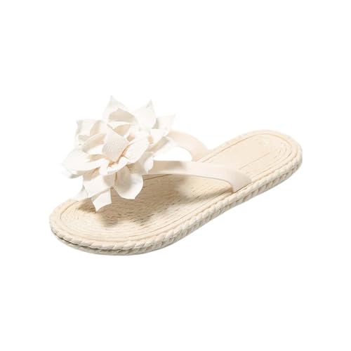 Lässige Plateau-Flip-Flops für Damen, modische Hausschuhe, Blumen, Sommer, Strand, flache Sandalen, Schuhe für Damen und Herren, Hausschuhe für drinnen und draußen, Urlaub, Sommer, Beruf, beige, 37 EU von Generisch