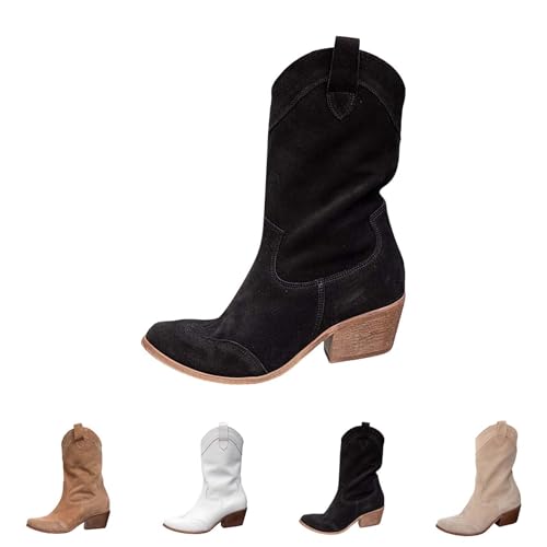 Lässige Stiefel, Stiefeletten Für Damen, Bequeme Winterstiefel Kurze Stiefel Dicker Absatz, Hoher Absatz, Wildleder Stiefel, Kurze Röhre, Große Größe Damenschuhe, Gürtelschnalle Loose Westernstiefel von Generisch