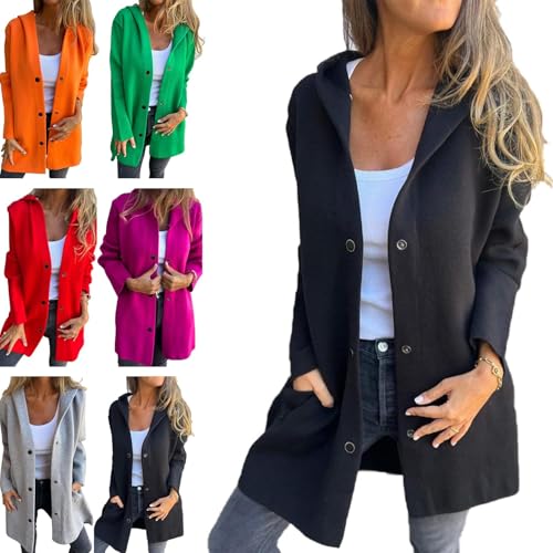Lässige einreihige Kapuzenjacke, Damen-Schalkragen, Winter, langärmelig, Revers, Knopfleiste, lange Mäntel, Schwarz , XL von Generisch