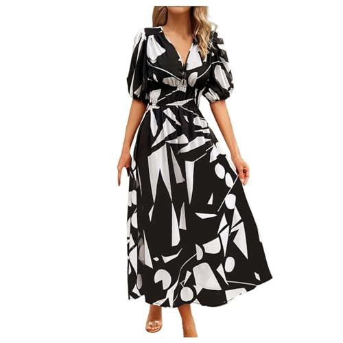 Lässiges Damen-Sommerkleid, Blumenmuster, lässiges Sommerkleid, gesmokt, rückenfrei, Strand, fließendes, gestuftes Maxikleid, Schwarz , Small von Generisch