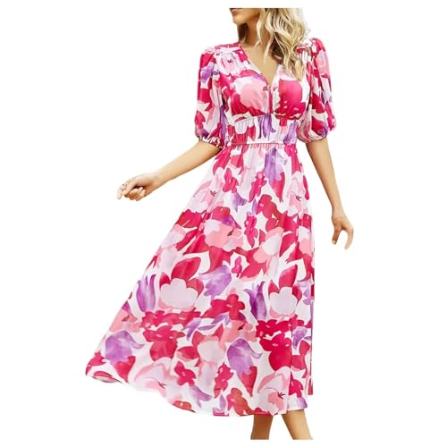 Lässiges Damen-Sommerkleid, Blumenmuster, lässiges Sommerkleid, gesmokt, rückenfrei, Strand, fließendes, gestuftes Maxikleid, rose, Small Lässiges Damen-Sommerkleid, Blumenmuster, lässiges Sommerkleid, gesmokt, rückenfrei, Strand, fließendes, gestuftes Maxikleid, rose, Small von Generisch