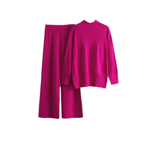 Lässiges Strickset für Damen, lockeres geteiltes Oberteil + hohe Taille, weite Beine, lange Hose, einzigartiges Stricken, 2-teiliges Set, rosarot, Einheitsgröße von Generisch