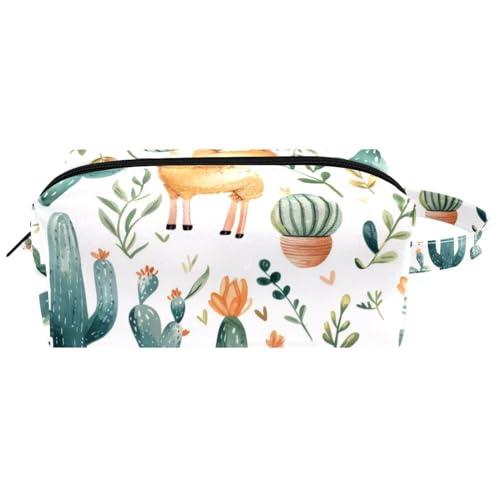Lama Alpaka, Kakteen und Blätter, hängende Make-up-Tasche, wasserabweisend, Leder, Kulturbeutel, Reisetasche mit Griff, tragbare Kosmetiktasche für Damen, Herren, Mädchen, Mehrfarbig 04, 8.2x3.1x3.5 von Generisch