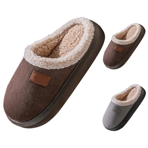 Lammwoll-Hausschuhe für Herren – Thermo-Hausschuhe für Herren – flauschige Hausschuhe für drinnen und draußen, dicke Sohle, Freizeitschuhe, rutschfest, Schlafzimmerschuh, Samt, geschlossene Zehen von Generisch