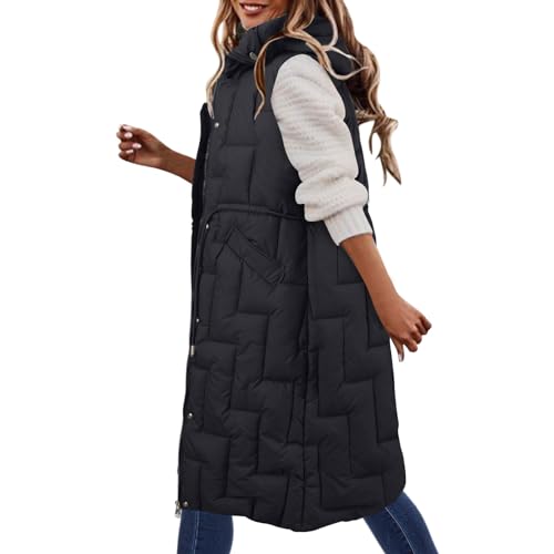 Lang Jacke Weste Damen Daunenweste Daunenmantel Daunenjacke Outdoor Puffer Jacke Winterweste Mäntel Leicht Winterjacke Winterweste Mit Kapuze,Revers Winter Warm Longweste Ärmellose Lange Steppweste von Generisch