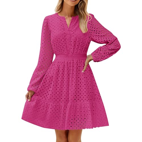Langärmeliges Minikleid für Damen, Herbst, V-Ausschnitt, Lochstickerei, Rüschen, A-Linie, Swing, kurze Kleider, lässiges kurzes Kleid für Damen, hot pink, L von Generisch