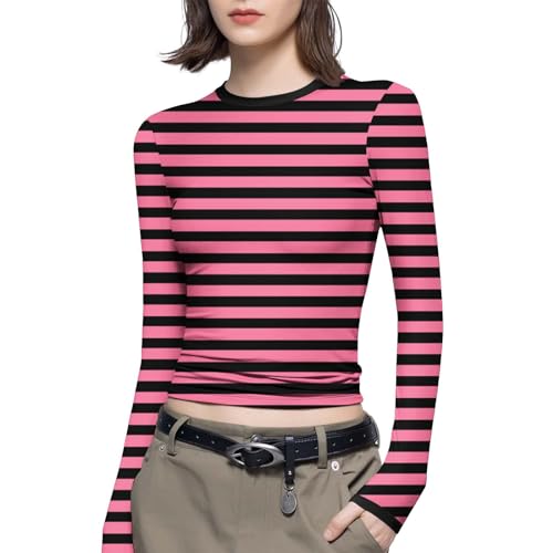 Langärmeliges Oberteil für Damen, gestreift, Farbblock, schmale Passform, dehnbar, weich, Basic-T-Shirt, Rundhalsausschnitt, lässig, bequem, Unterhemden, Y2K, Streetwear, 36-50, 1 x Rosa, 38 Langärmeliges Oberteil für Damen, gestreift, Farbblock, schmale Passform, dehnbar, weich, Basic-T-Shirt, Rundhalsausschnitt, lässig, bequem, Unterhemden, Y2K, Streetwear, 36-50, 1 x Rosa, 38 von Generisch