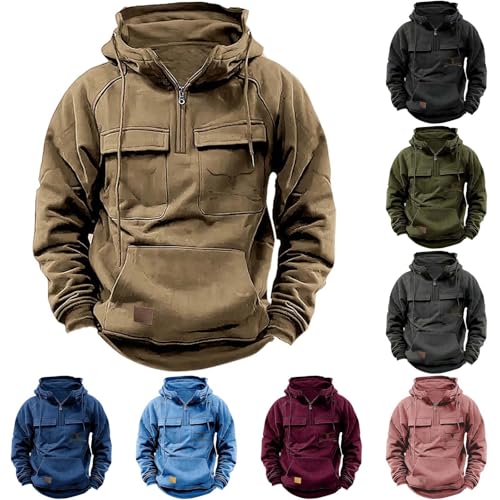 Langarm-Pullover für Herren, halber Reißverschluss, Sweatshirt für Herren, Baumwolle, lässiger Kapuzenpullover mit Kanga-Taschen, Freizeit, Arbeitskleidung, bequeme Activewear, Kordelzug, Hoody Tops von Generisch