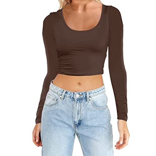 Langarm-Workout-Tops für Damen, trendig, leicht, Sommer-Tops für Damen, lässig, elegant, Western-T-Shirts für Damen, Rundhalsausschnitt, bauchfrei, einfarbig, schmal, schmale Passform, sexy Basic, von Generisch