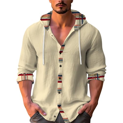 Langarmhemd Herren Leinen - Kapuzenhemd Herren Sommer Dünn Kapuzenpullover Mit Knopfleiste Baumwolle Leinenhemd Lässig Hemd Mit Kordelzug Sommerhemd Lange Strandhemd Bequem Langarmshirt Herrenhemden von Generisch