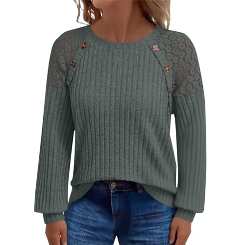 Langarmshirt Damen Elegant Langarm Spitzen Blusenshirt Rundhals Ausschnitt Leicht Luftig Tunika Bluse Einfarbig Shirts Blusen Lässig Longshirt Frühling Herbst Basic Tops Freizeit Mode Kostüm von Generisch