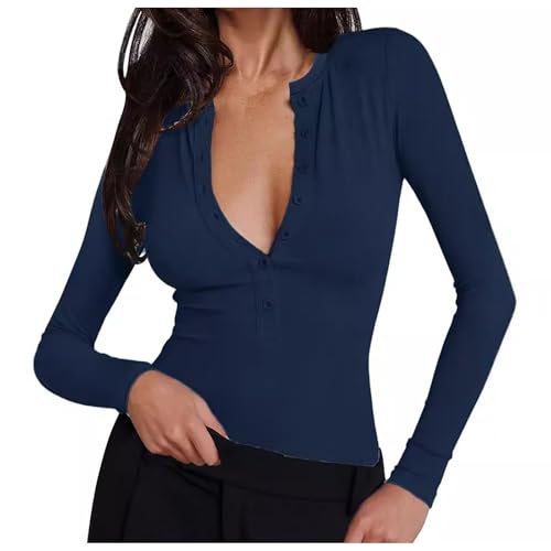 Langarmshirt Damen Langarm/Kurzarm Basic Oberteile Longsleeve Baumwolle Gerippt Pullover V Ausschnitt T-Shirt Tops von Generisch