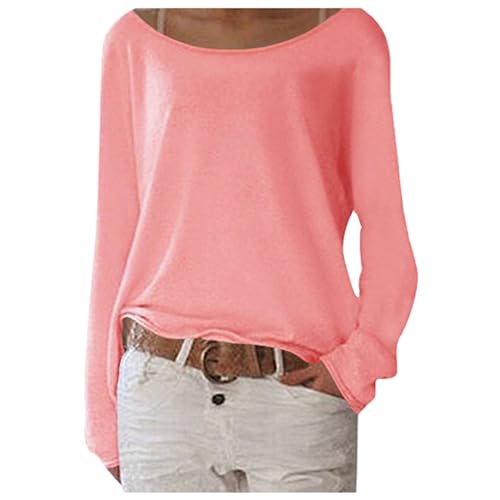 Langarmshirt Damen Oversize Pullover Pulli Sweatshirt One Shoulder Oberteil Asymmetrisches Leicht Strickpullover Shirt Langarm Neon Pink Damenpullover Häkelpullover U-Boot Ausschnitt Dünne T-Shirt von Generisch