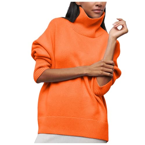 Langarmshirt Damen Rollkragenpullover Turtleneck Oberteile Casual Einfarbig Rolli Pullover Basic Top Pullover Winter Rollkragenpullover Warm Langarm Strickpullover Lässiges Stricken Pulli (Orange, S) von Generisch